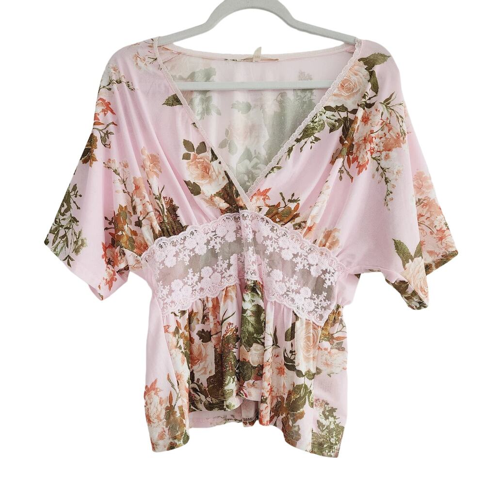 See the Shades Pink Floral Sheer Lace Batwing Lingerie Style Top V-Neck Medium